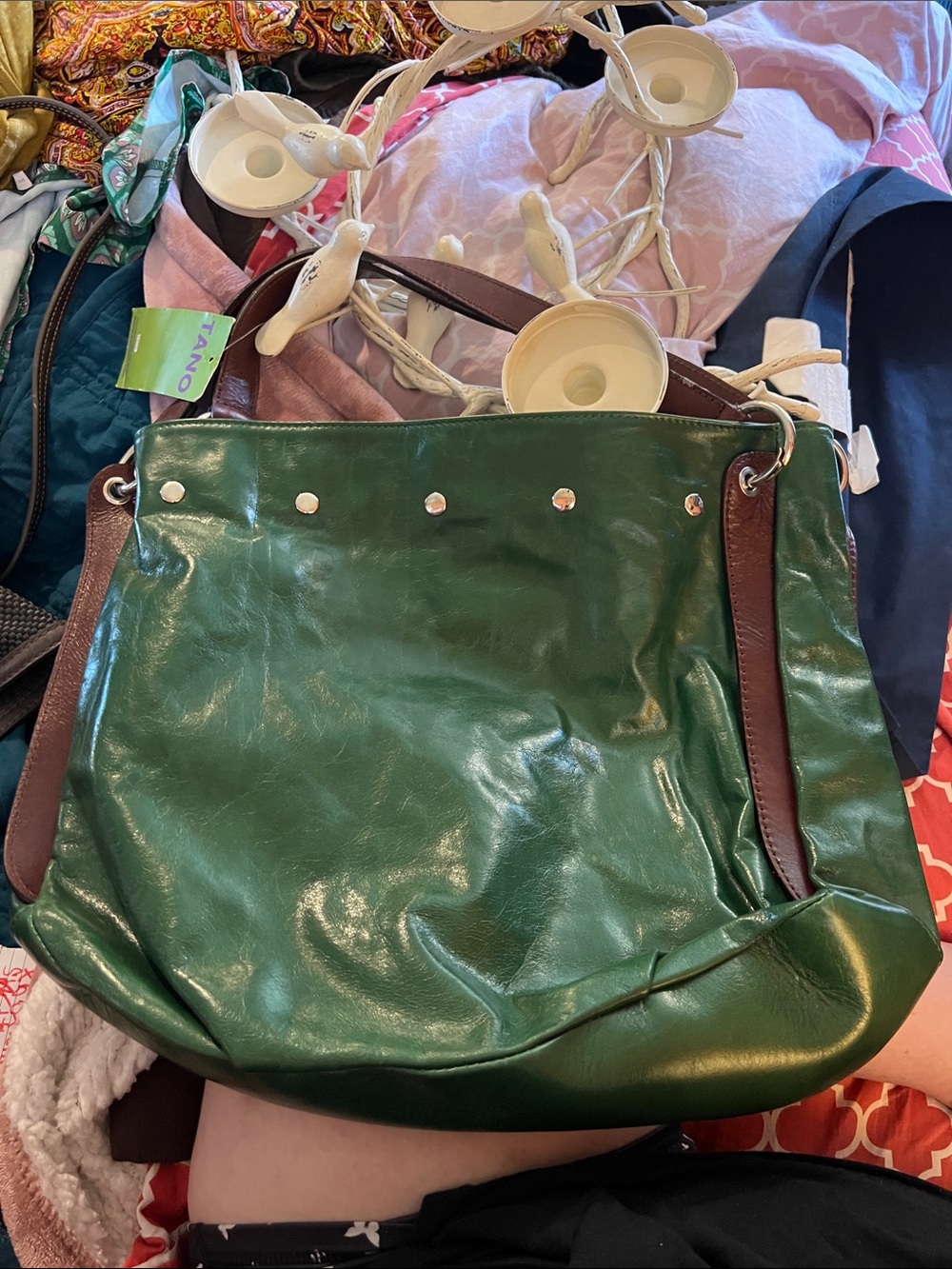 Tano Green Leather Shoulder Bag with Brown Straps